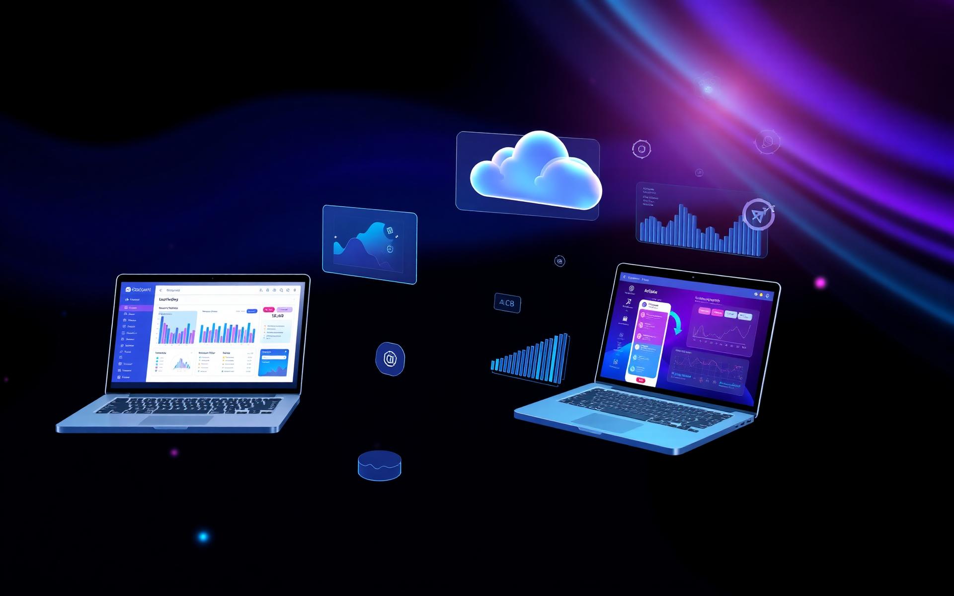 3D dashboards, mobile apps and cloud icons floating above laptops — Wide Grid software house